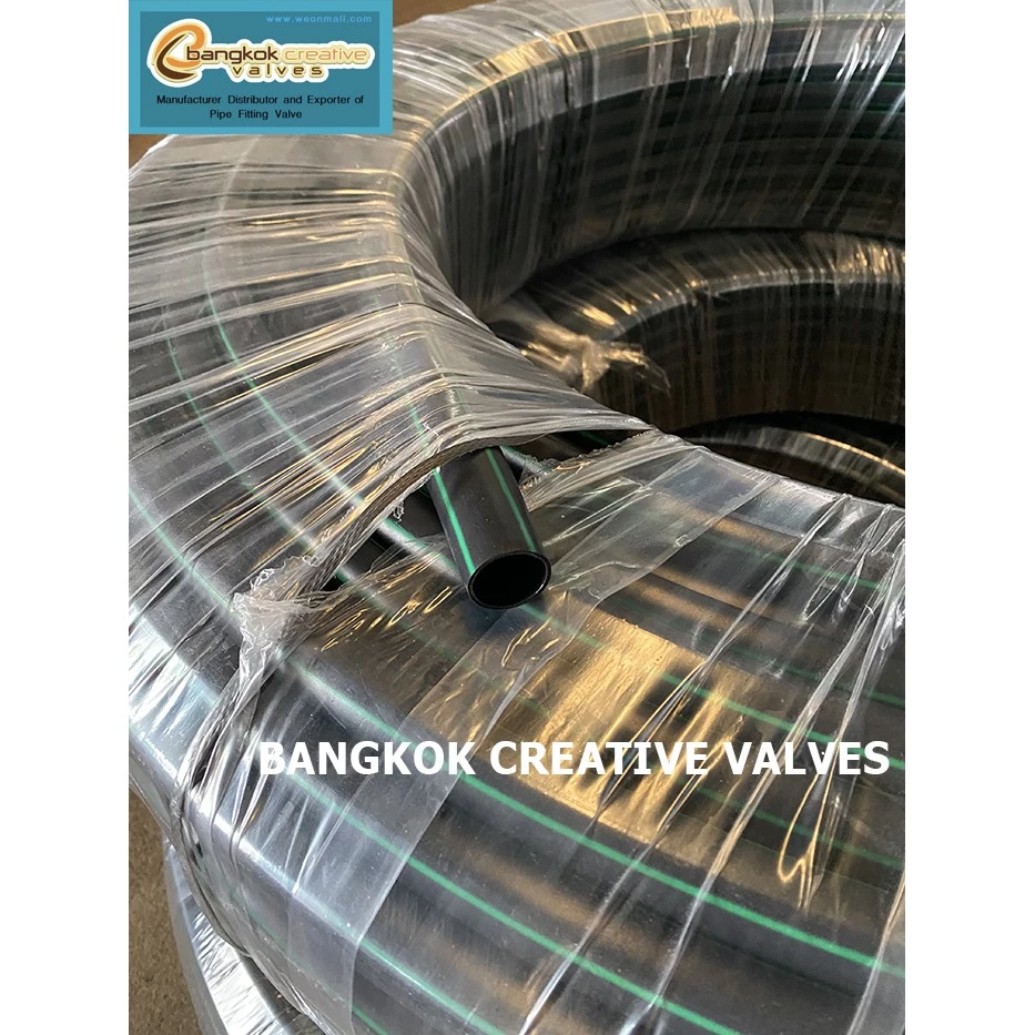 ท่อPE ท่อพีอี ท่อ LDPE แรงดัน 2.5-4 บาร์ ความยาว 100-200 เมตร คาดสีเขียวและคาดเหลือง งานเกษตร