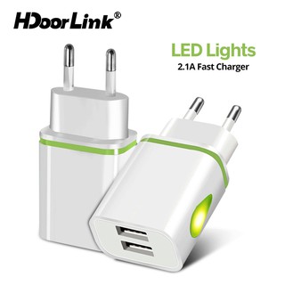 HdoorLink อะแดปเตอร์ชาร์จ Dual Usb Eu Plug Led Light 2 พอร์ต 5v 2.1 A แบบพกพา