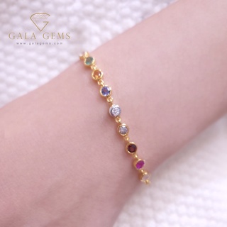 Gala Gems สร้อยข้อมือนพเก้าขนาด 3 mm ตัวเรือน 9K Yellow Gold ประดับพลอยนพเก้าตามตำราโบราณ มีใบรับประกัน รหัส BD0034 - 9K