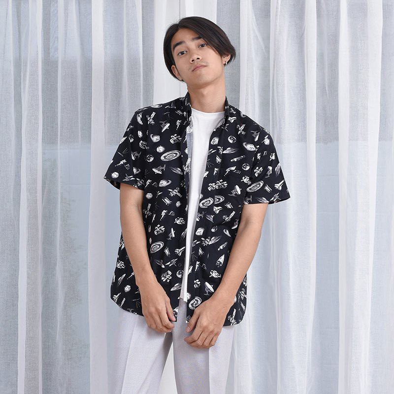 Mr 703 เส อเช ตผ ชายแขนส น ลายจ ด Space Ship ส ดำ Shopee Thailand