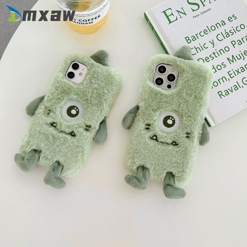 Carton Big Eye Monster Case iPhone 13 12 11 Pro Max Mini X XR XS Max 8 7 6 6s Plus SE 2020 Plush Warm Phone Case Soft Cute Cover