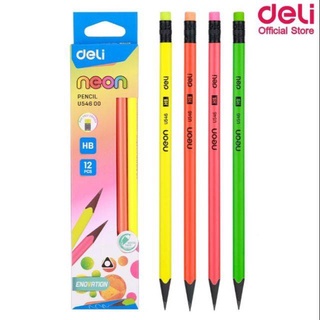 ดินสอ Deli U54600 Graphite Pencil ดินสอไม้ HB ทรง 3 เหลี่ยมสีนีออน แพ็ค 12 แท่ง