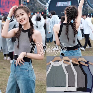 เสื้อเว้าไหล่ไหมพรม ตัดขอบสี ลายทาง 💓 AS