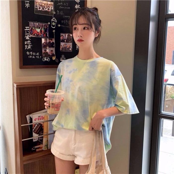 Women Korean Fashion Tie-dye print short-sleeved T-shirts