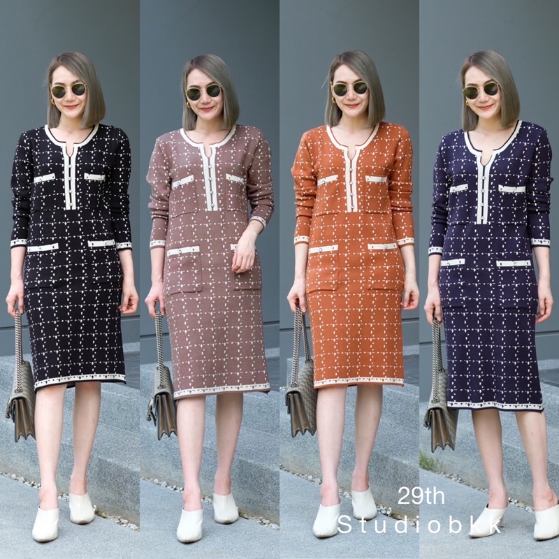 เดรสไหมพรมแขนยาว กระเป๋าคู่หน้า •aressshop•