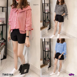 TW5164 Set 2 ชิ้น เสื้อเชิ้ตลายสก็อต + กางเกงขาสั้นสีดำ