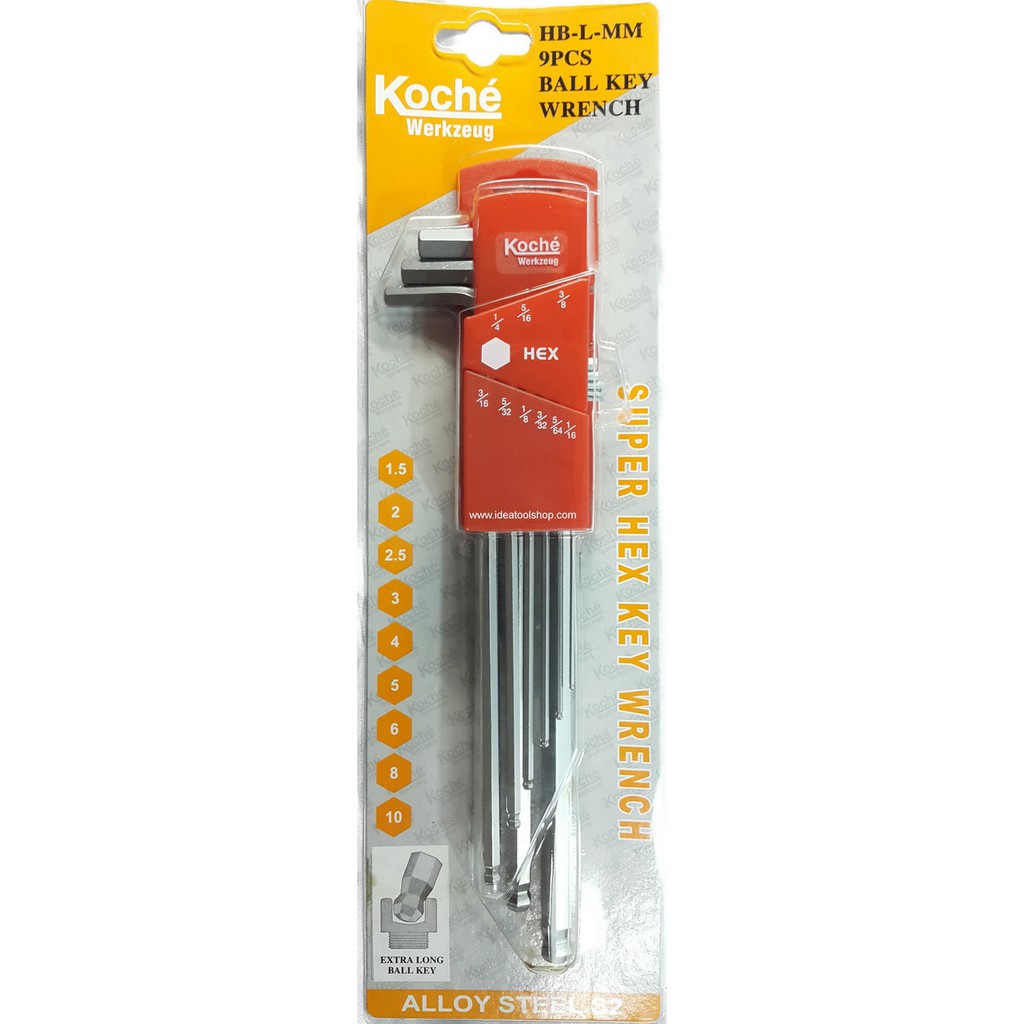 ประแจแอล KOCHE เหล็กเกรด S2 รุ่นยาว หัวบอล 9 ตัว /ชุด แบบหุน นิ้ว และ แบบมิล / TORX หัวท็อค แบบมีรู โคเช่