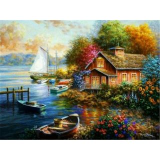 ครอสติชคริสตัลเม็ดกลมติดเต็มลาย ขนาด40×30cm บ้านริมน้ำ