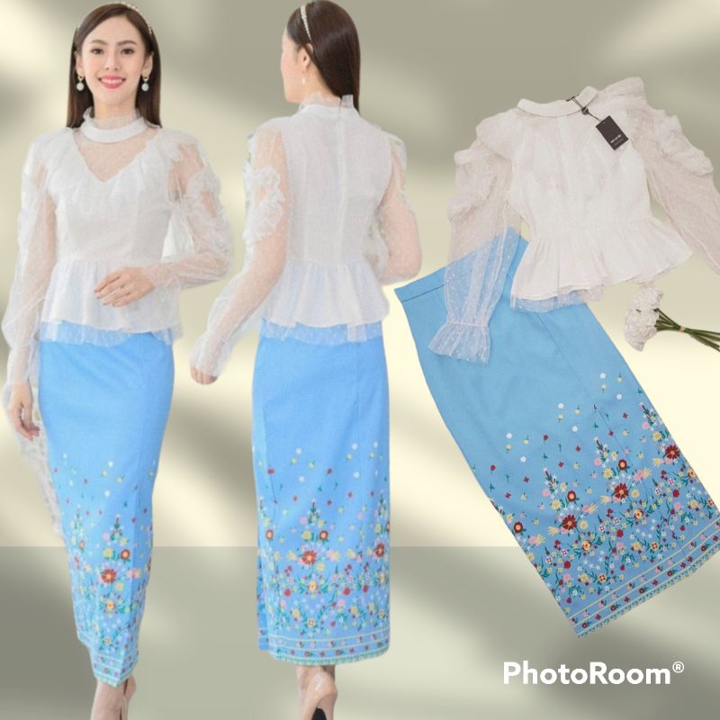 ชุดไทยจิตรลดา (รุ่นใหม่ดาวิกา) ชุดset 2ชิ้นเสื้อลูกไม้ -ผ้าถุงสำเร็จทรงจิตรดาผ้าไหมญี่ปุ่นลายไทย ชุด