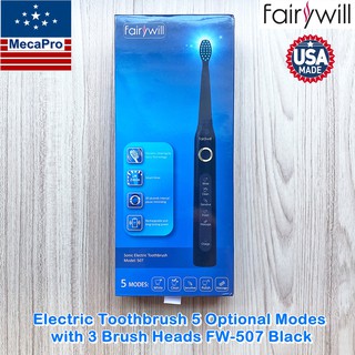 Fairywill® Sonic Electric Toothbrush 5 Optional Modes with 3 Brush Heads รุ่น FW-507 Black แปรงสีฟันไฟฟ้า ชาร์จไฟได้