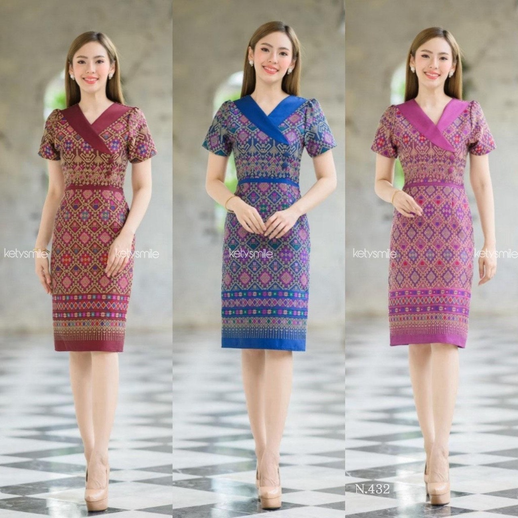 Kety Smile เดรสผ้าไหมแกรมฝ้าย ปกสูท อัดกาว ทอลายสวยมาก (S-2XL) N432