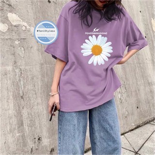 พร้อมส่ง เสื้อยืด Over Size สีม่วง/เขียว Pastel ดอกเดซี่เดี่ยว