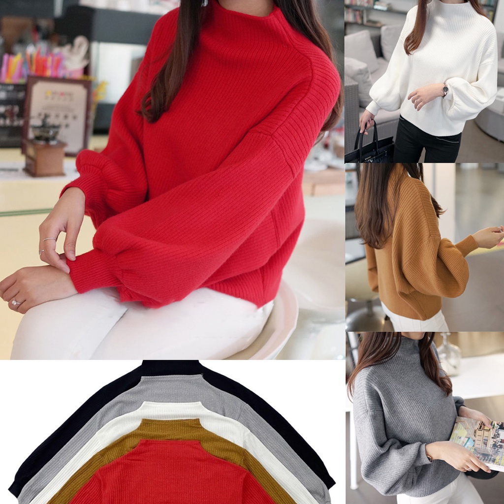 Korean เสื้อไหมพรมคอสูงแฟชั่น แขนยาวจั๊ม 5 สี สีพื้น