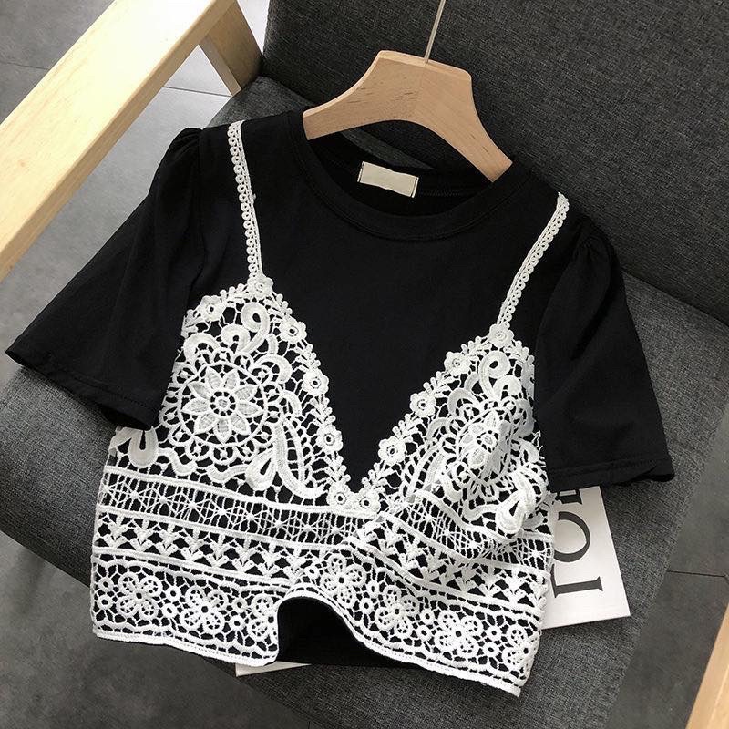 พร้อมส่งจากไทย✅ เสื้อครอป คอกลม แขนสั้น แต่งลูกไม้