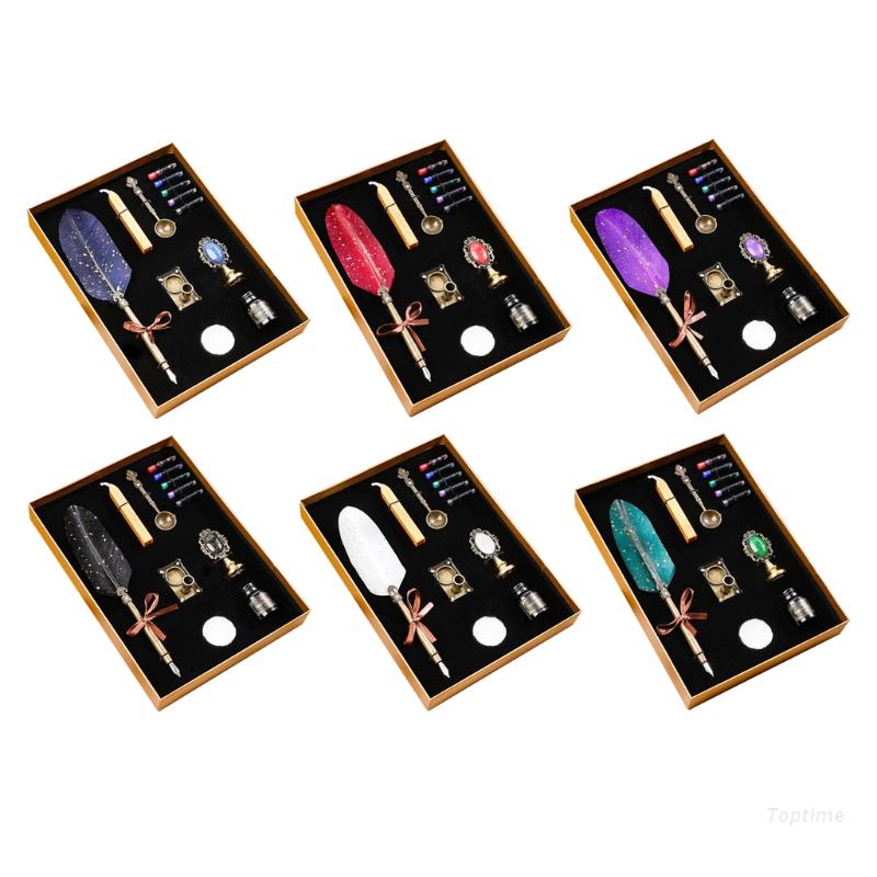 Top Retro Sprinkle Gold Feather ปากกา Retro Quill ชุดปากกา Quill ปากกาขนนกการเขียนการประดิษฐ์ตัวอักษ