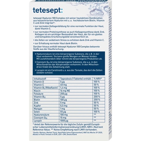 Tetesept Hyaluron ไฮยาลูลอน100mg จาก เยอรมัน ผสม Q10 + มะเขือเทศ ผิวใสออร่า ทานง่าย 30เม็ด - รูปที่ 2