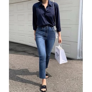 S-XL ยีนส์ขายาวเอวสูงดีไซน์สวยๆ สไตล์เกาหลีสินค้าพร้อมส่งห้ามพลาด