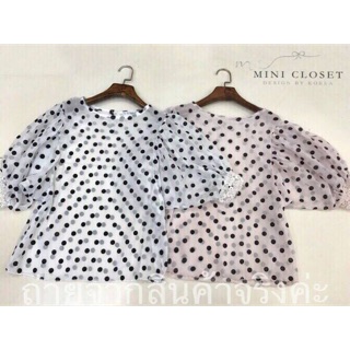 เสื้อผ้าchiffonยอ-ยู่ ลายPolka-dot ตัดต่อแขนบอลลูนพองนิดๆ