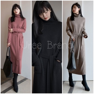 3 สี / อก 40-44 นิ้ว (พร้อมส่ง) ชุดไหมพรม รุ่น เดรสไหมพรมคอเต่า + โบว์คาดเอว Sweater Long Dress - D9