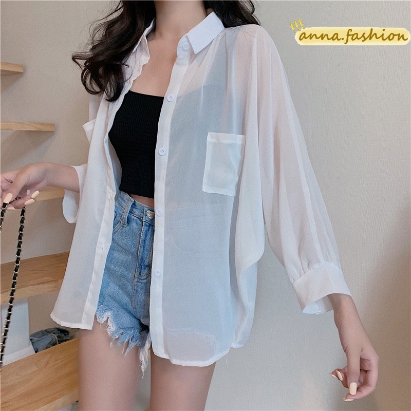 anna 008 พร้อมส่ง เสื้อเชิ้ตชีฟอง เสื้อป้องกันแสงแดด แขนยาว ตัวใหญ่ มีกระเป๋า2ข้าง