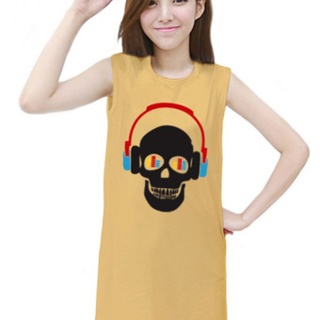 เสื้อยืดแฟชั่น ตัวยาว / แซกสั้น แขนกุด ผ้านุ่ม ลาย Skull I (สีเหลือง)