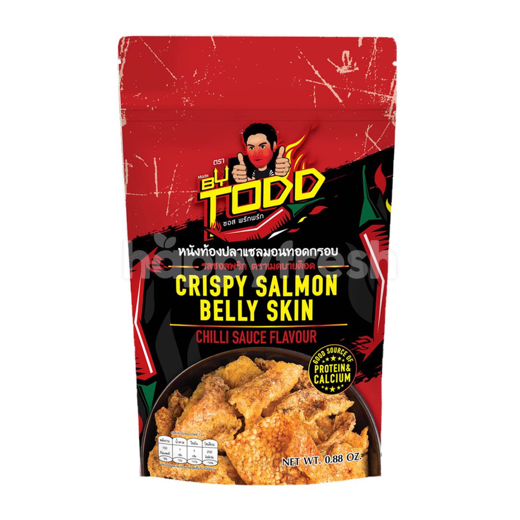 แพ็ค 2 ชิ้น Made By Todd Crispy Salmon Belly Skin Chilli 25g. เมดบายต๊อด หนังท้องปลาแซลมอนทอดกรอบ รสซอสต๊อด 25 กรัม