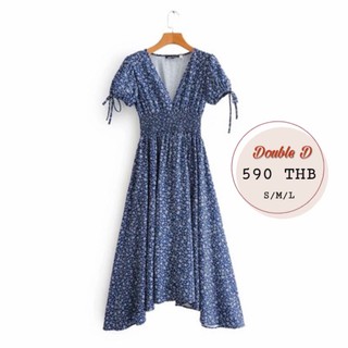 ชุดเดรสยาว ชุดเดรสคอวี เดรสลายดอก |Long blue dress (พร้อมส่ง❗️)