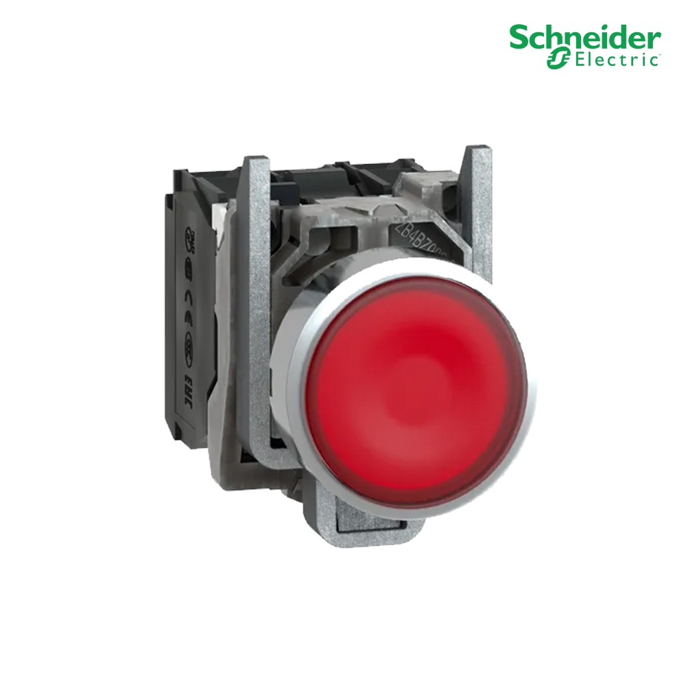 Schneider   สวิตซ์ปุ่มกดมีไฟแบบLED,แบบโลหะ, ใช้กับไฟ 220/240 VAC มีคอนแทค 1NO+1NC_XB4BW34M5 | PlugOn