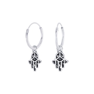 SILVER THAI Hamsa hoop earrings silver oxidized charmsต่างหูห่วงฮัมซาใส่แล้วดูมีเสน่ห์เป็นงานออกซิไดซ์เงินแท้925