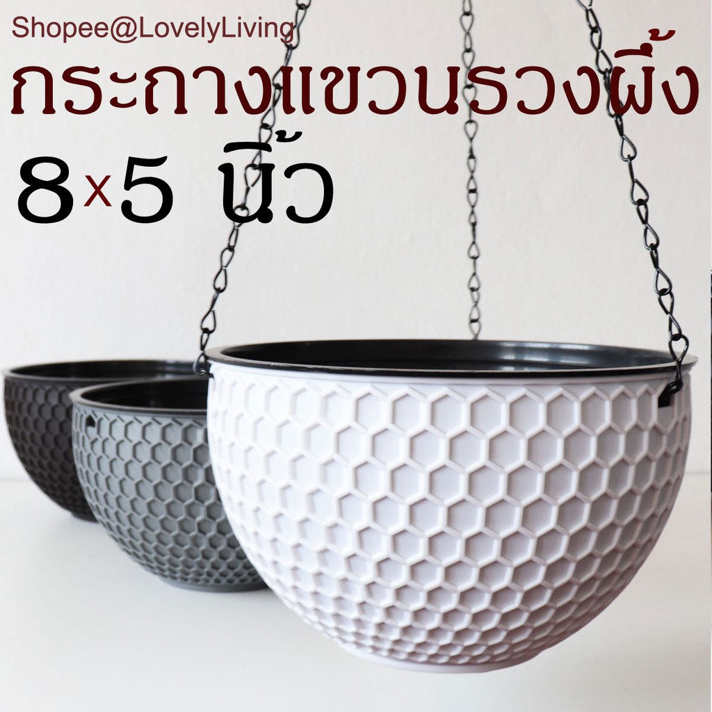 กระถางแขวน 8 นิ้ว 10 นิ้ว ดีไซน์ลายรวงผึ้งสวยงาม พลาสติกน้ำหนักเบา ระบายน้ำได้ดี