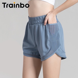 Trainbo 2-in-1 กางเกงกีฬาขาสั้น เอวสูง ทรงหลวม กันแสงไฟ เหมาะกับใส่เล่นโยคะ ฟิตเนส วิ่ง สําหรับผู้หญิง