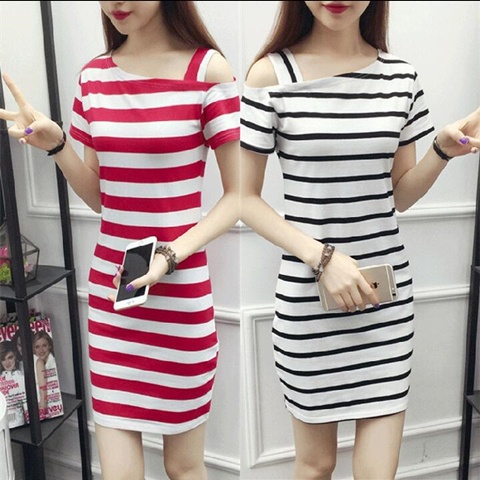 ใหม่สไตล์เกาหลีปิดไหล่Stripe Long Tee เสื้อเบลาส์บอดี้คอนแขนสั้น