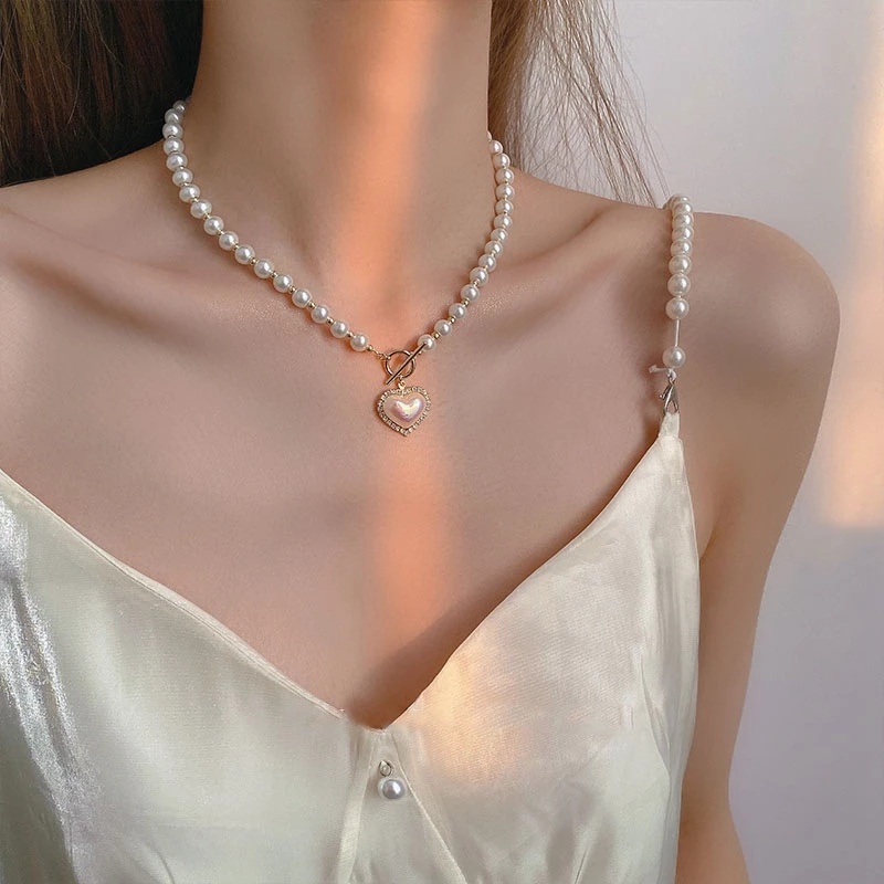 สร้อยคอโซ่ จี้ไข่มุกจําลอง รูปหัวใจ ขนาดใหญ่ สีขาว สีทอง สไตล์ฝรั่งเศส วินเทจ สําหรับผู้หญิง
