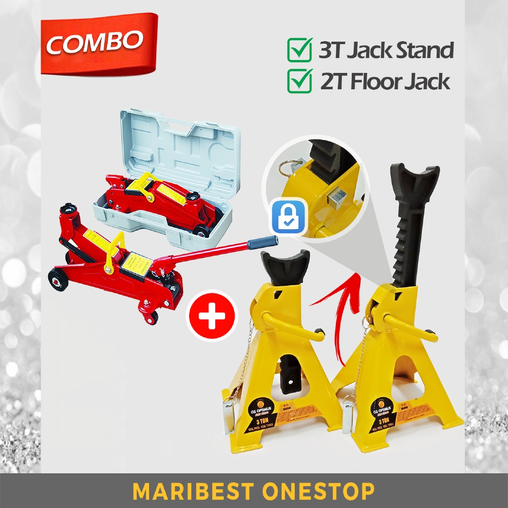 NEW COMBO DOUBLE PIN SAFETY LOCK 3 TON JACK STAND & 2 TON FLOOR JACK (HARD CASE BOX) [RANDOM COLOUR]