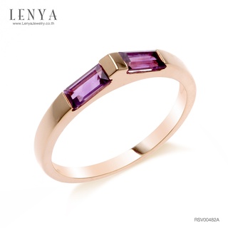 Lenya Jewelry แหวนอเมทิสต์ (Amethyst) ทรงบาเกต ตัวเรือนเงินแท้ชุบพิ้งโกล์ด ดีไซน์โฉบเฉี่ยว เรียบหรูดูแพง