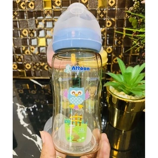Newขวดนมคอกว้างสีชาATTOON 4zo.8zo.มาพร้อม จุกนมคุมการไหลมาตราฐานด้วยปริมาณรูป้องกันการเกิดโคลิค