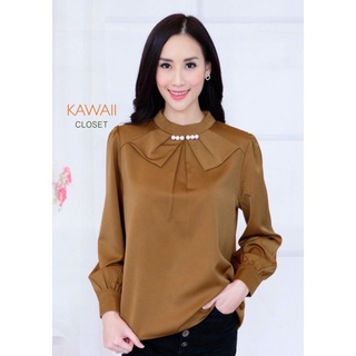 เสื้อแขนยาวผ้าเกาหลี คอกลมแต่งระบายติดมุก อก 42"ยาว 24"มี8สี
