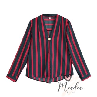 เสื้อแขนยาวคอวีทรงปล่อย ผ้าซิลค์วาเลนพิมพ์ลายริ้ว