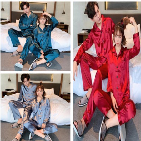 ชุดนอนผู้หญิง ชุดนอนคู่เกาหลีผ้าแพรอย่างดีเสื้อแขนยาว + กางเกงขายาวมีหลายสีให้เลือก M ~ 3XL