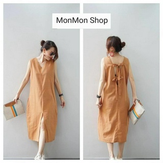 ~MONMONSHOP👗MON66644～ ชุดเดรสแฟชั่นฝ้ายผสมลินิน ตัวยาวเว้าหลัง มัดโบว์หลัง2ชิ้น ผ่าด้านหน้า มีกระเป๋าเจาะด้านข้าง  ทรงสว