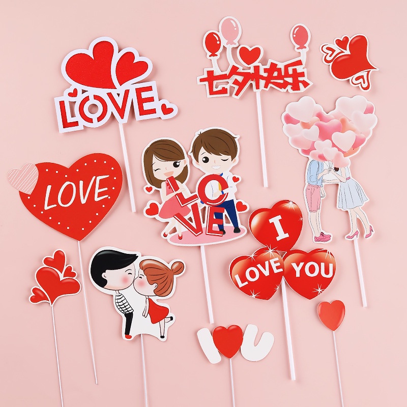 ชุดแต่งตัวเค้กวันวาเลนไทน์โรแมนติกแฟนขนาดเล็กตกแต่งเค้กวันเกิดครบรอบตกแต่งเค้ก - รูปที่ 4