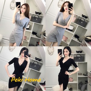 New! สินค้าพร้อมส่ง2สี Q428 เดรส คอวี เข้ารูป มีความแซ่บ ดูเก๋