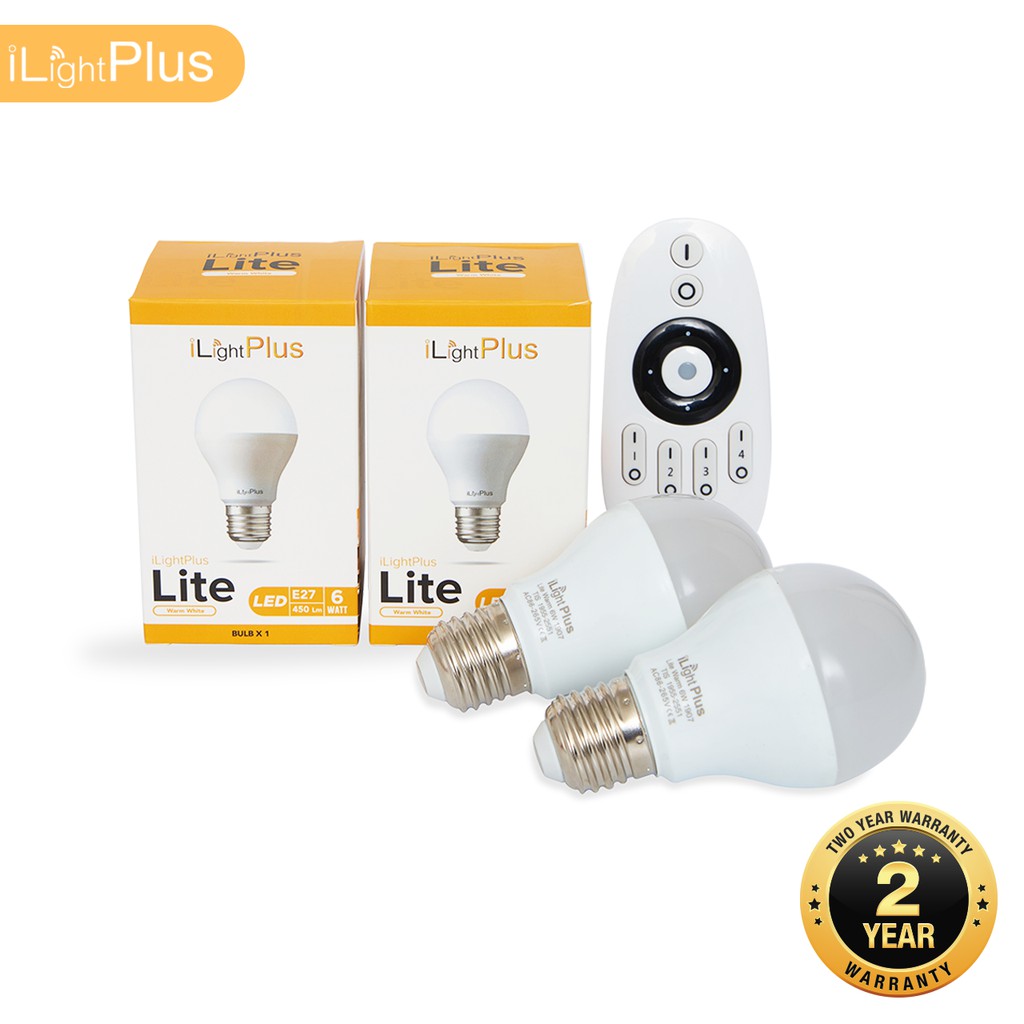 [ส่งไว ใช้นาน มอก.] iLightPlus หลอดไฟ LED รุ่น Lite Warm (6W) 2 หลอดพร้อมรีโมท 1 ตัว - แสงสีเหลืองวอร์มไวท์