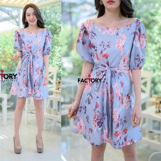 Factory Dress แขนพองผูกเอว ผ้าพิมลาบชัดทรงสวย ซับหนา งานซิปหลัง ใส่เที่ยว.