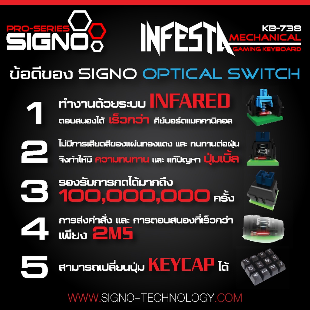 ส่งชัวร์ส่งไวSIGNO KB-738 INFESTA คีย์บอร์ดเกมมิ่ง Mechanical Gaming Keyboard (Blue/Red Optical Switch) #6