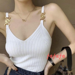 FAFA-Women´s Tank Tops Rib Knit V-Neck Metal Chain Sling Design Slim Fit Breathable Versatile Streetwear Tops