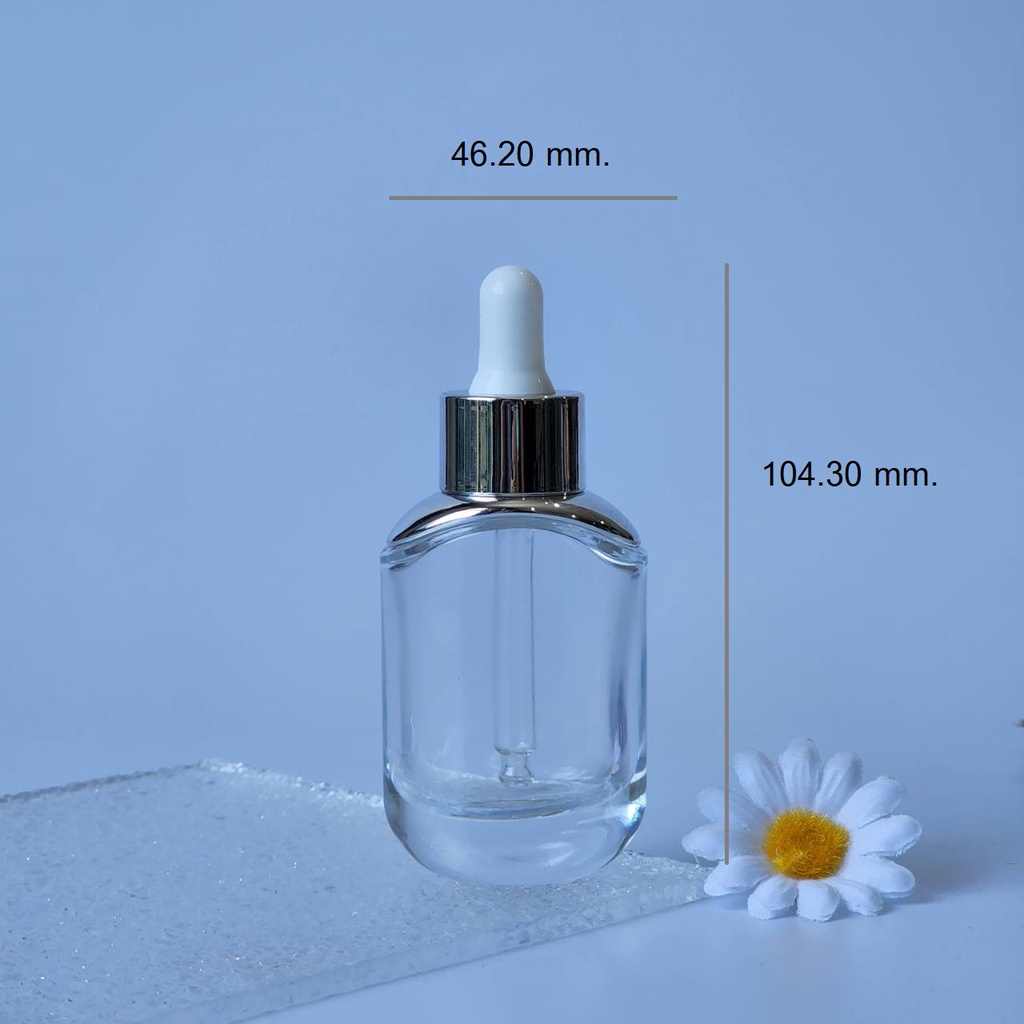 ขวดแก้วดรอปเปอร์สีใส 30ml. ทรง Dior (ไหล่เงิน) ฝาเงินจุกขาว งานเค้าท์เตอร์ หนา แข็งแรง ทรงรี หน้ากว้าง ดูดีสุดๆ
