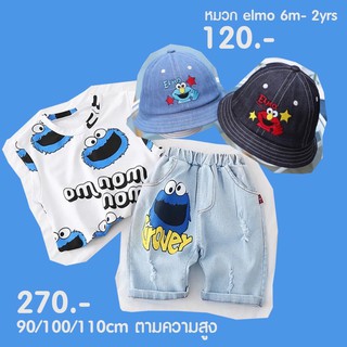 Elmo jean set เซ็ตเสื้อ + กางเกงยีนส์สามส่วนเอวยืด (270฿) หมวก (120฿)