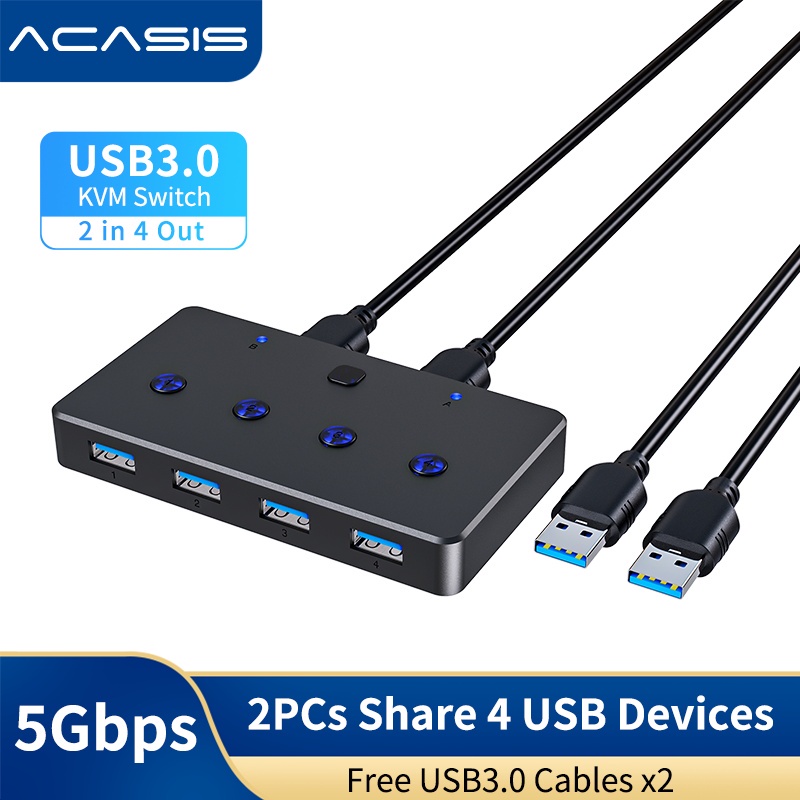 Acasis กล่องอะแดปเตอร์สวิตช์ USB 3.0 KVM 2 คอมพิวเตอร์ 4 พอร์ต สําหรับเครื่องพิมพ์ PC เครื่องสแกนเนอร์ เมาส์ คีย์บอร์ด พร้อมปุ่มเดียว และสายเคเบิล USB 2 เส้น