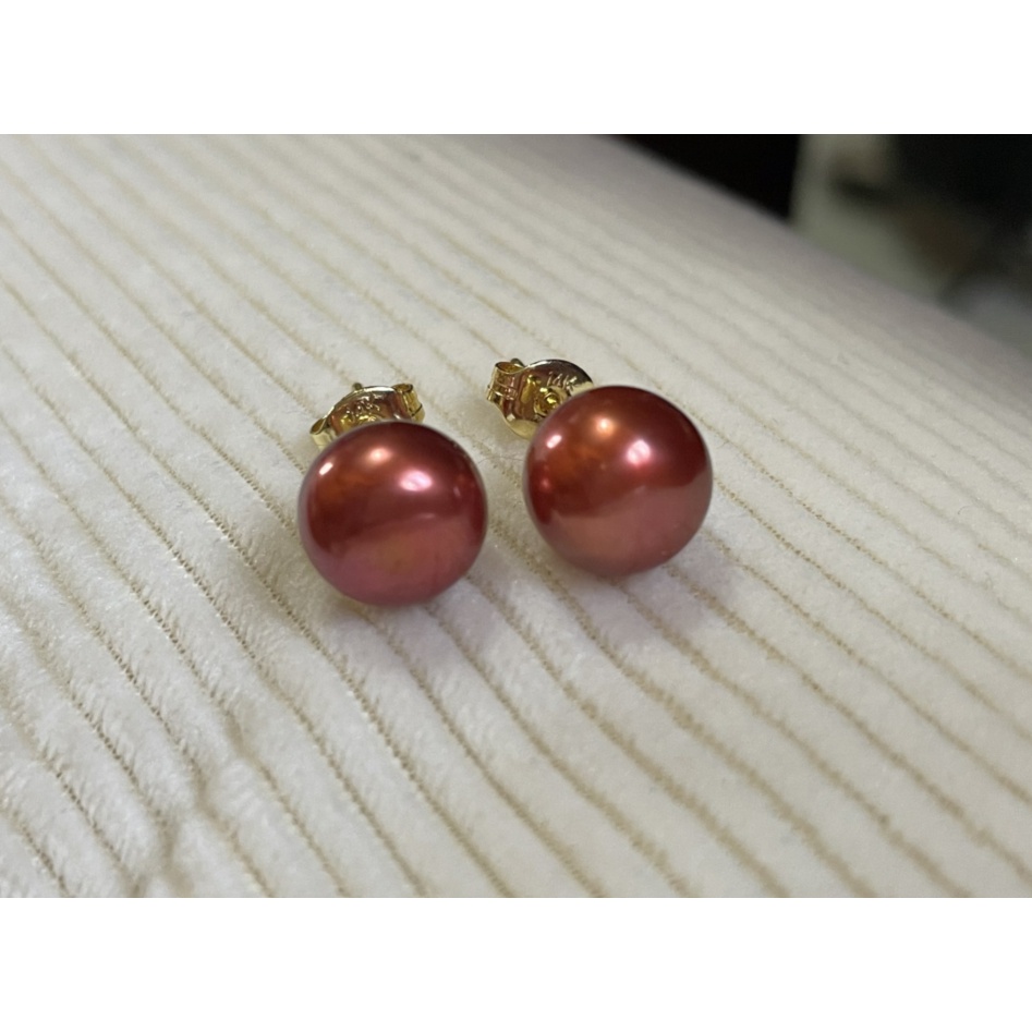 AAA Real Natural South Sea 9-10mm ต่างหูสตั๊ดมุกสีน้ําตาลแดง 14K Gold